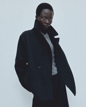 H&M HM Black Double-Breasted Short Peasant's Twill Jacket Pea Coat, size M